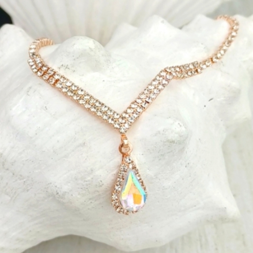 Rose Gold-Tone Priness Style Rhinestone Studded Chain Necklace